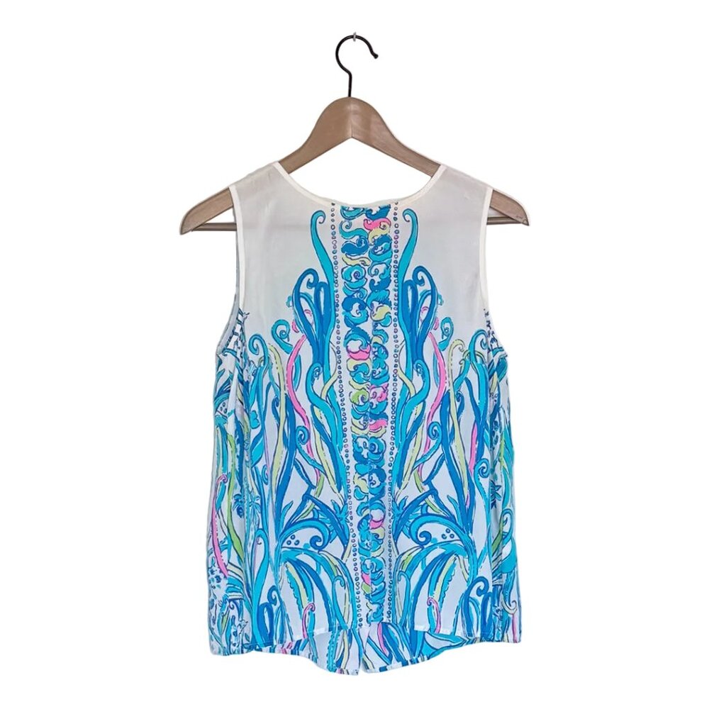 Lilly Pulitzer 100% Silk Tank Blouse, Blue Pattern with Gold Button Back, Size M - Picture 3 of 9